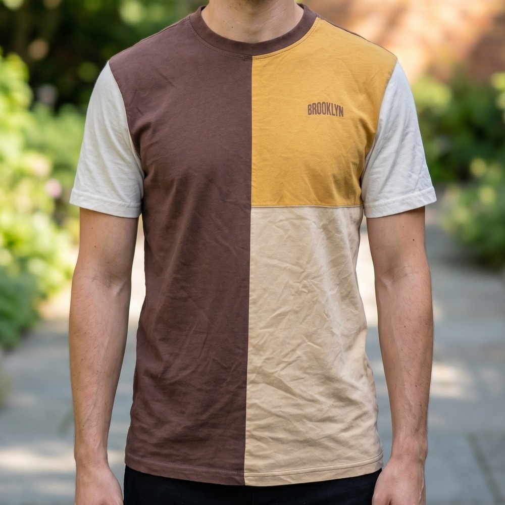 Public Supply Mens Brooklyn‎ Colorblock T-Shirt Brown Yellow Cream RN143629
